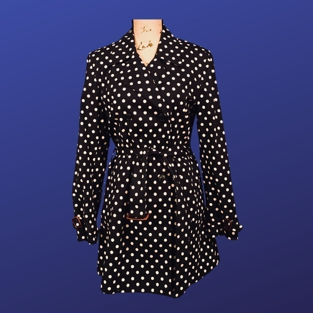 CHARTER CLUB Double-Breast Raincoat/Trench, BLACK/WHITE POLKA DOT, Size M, NWOT